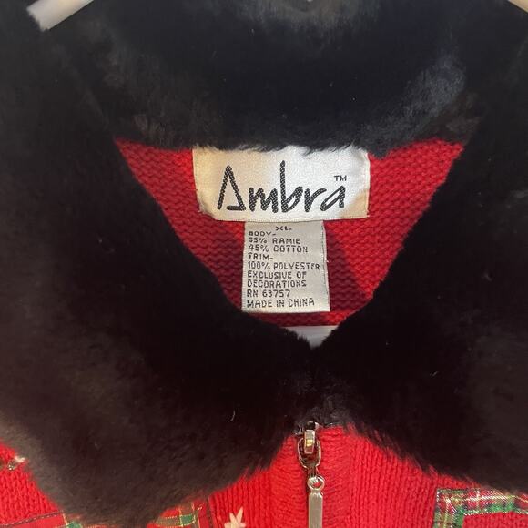 VTG AMBRA Christmas Sweater Vest Women XL Red Embroidered Snowman Faux Fur - Picture 2 of 6